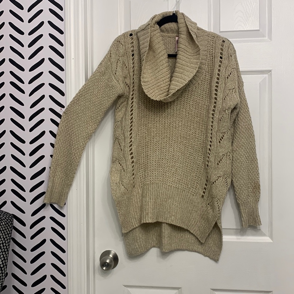 2/$20 High-Low Beige Tunic-style sweater with cowl neck
